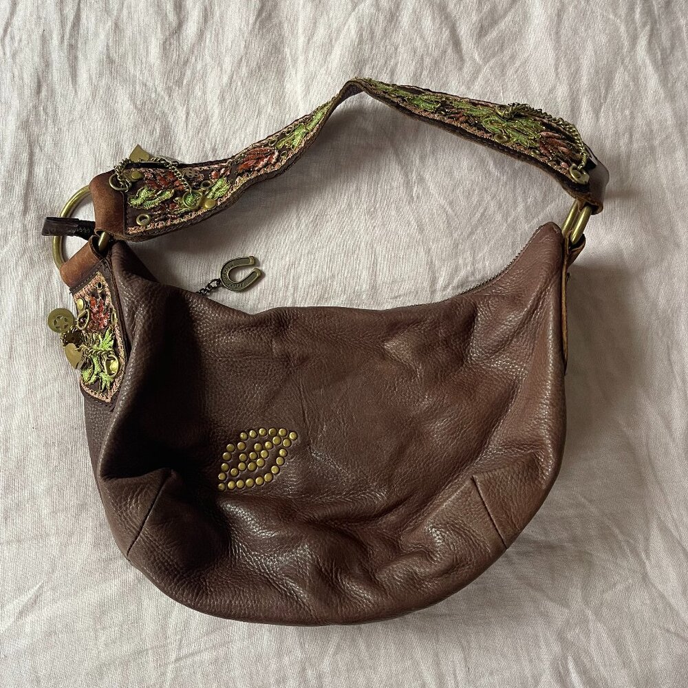 Betsey Johnson Studded Boho Charm Brown Leather Bag – Unique Vintage Find